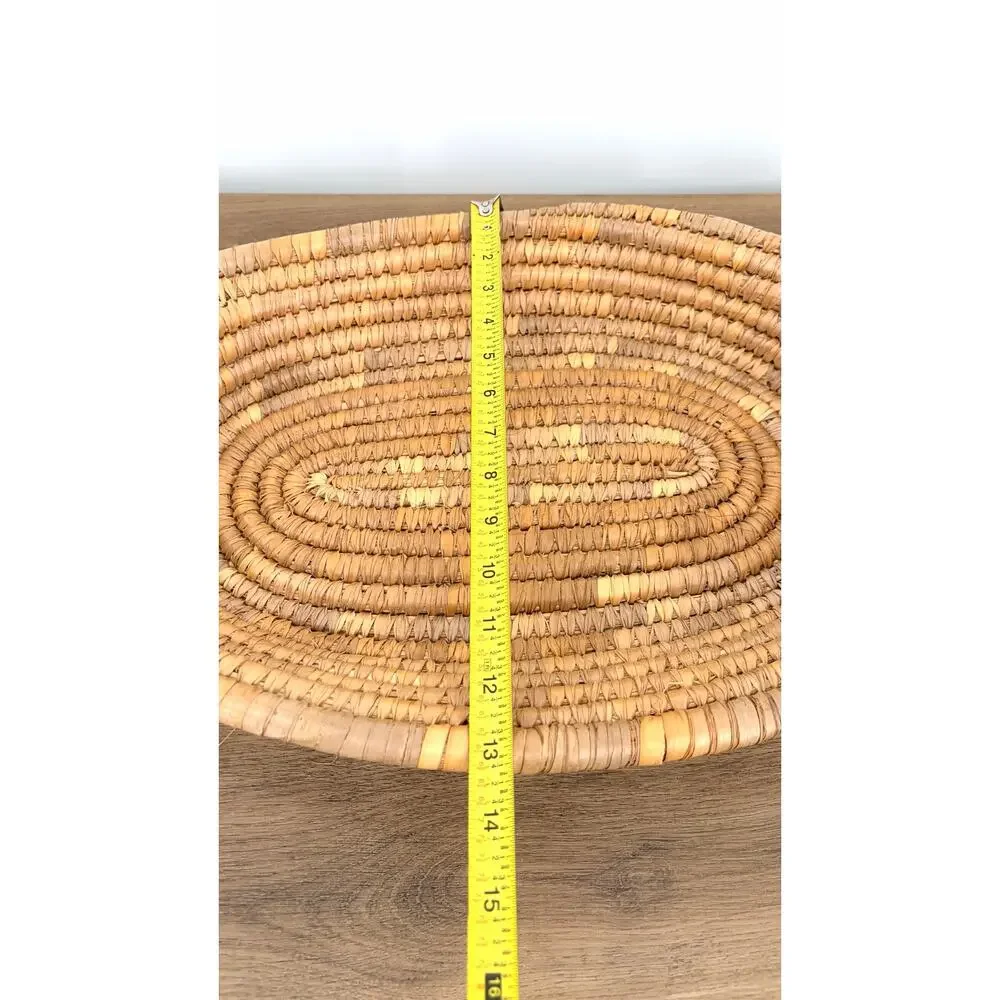 Vintage Boho Hand Woven Coil Straw Basket Tray, Oval Serving Platter, Wall Art